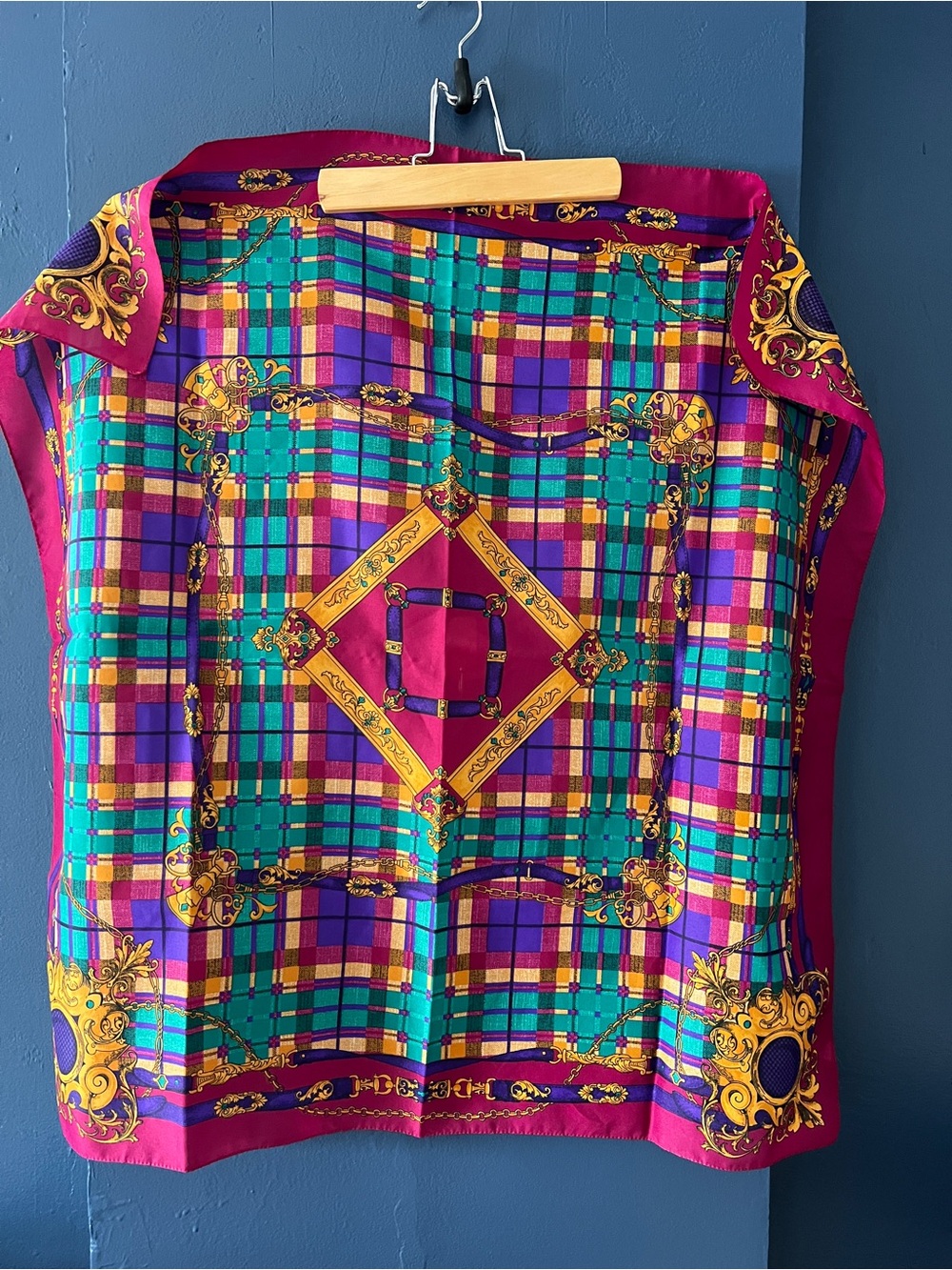 Vintage 80s 90s Italian Baroque Plaid Chain Square Scarf